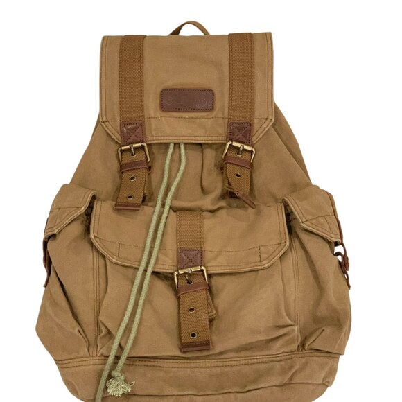 Classic Rucksack Canvas Large Backpack- Tan Unisex - Canvas Bag w/ Leather Trim - Picture 4 of 15